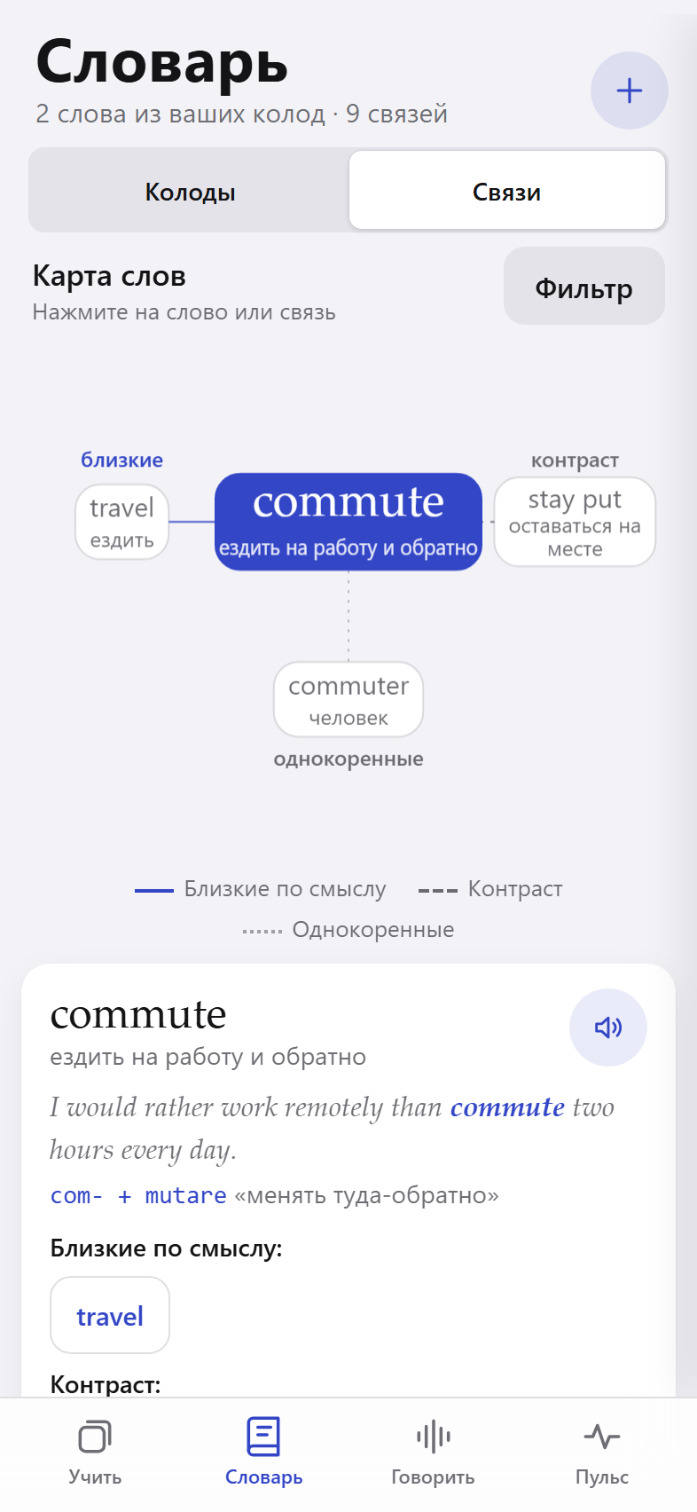 Dictionary screen: a map of related words