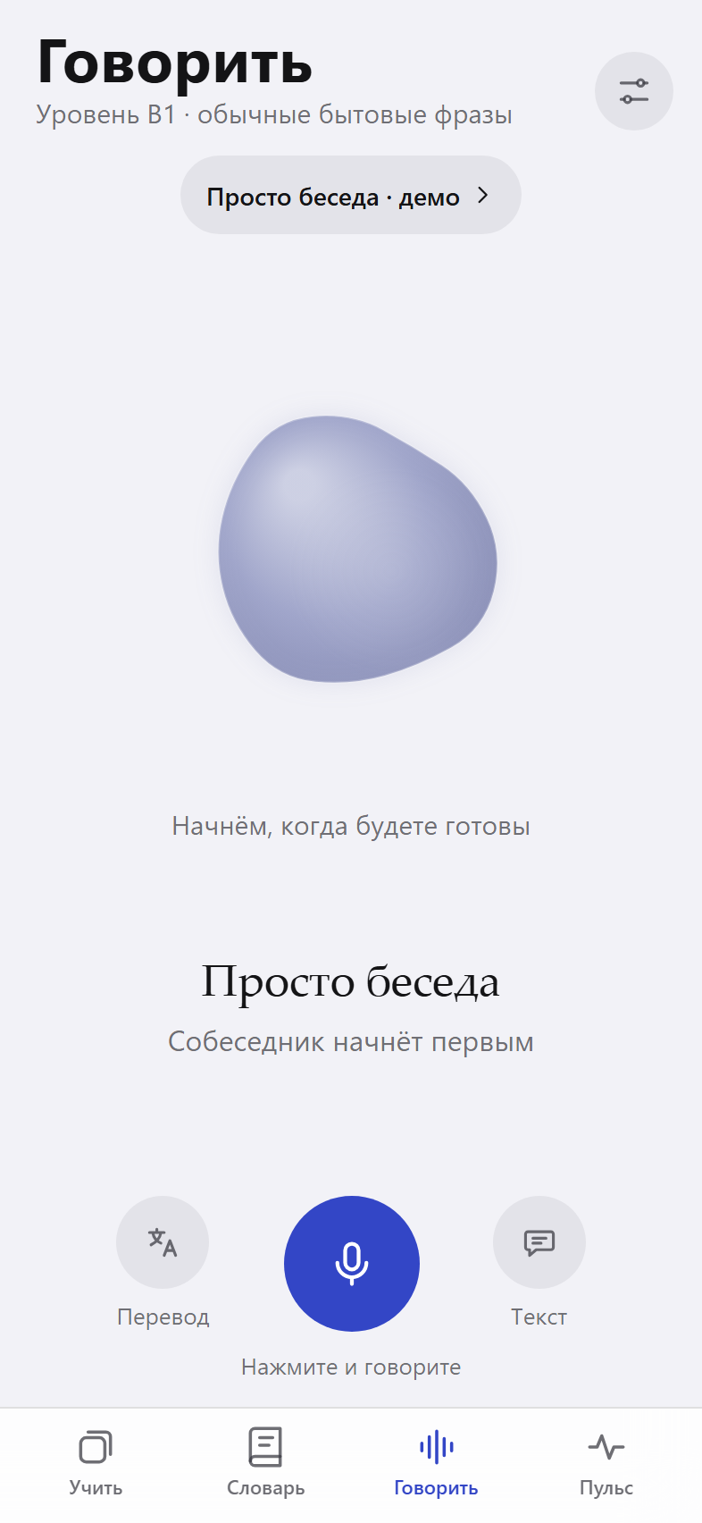 Talk screen: the conversation orb and a microphone button